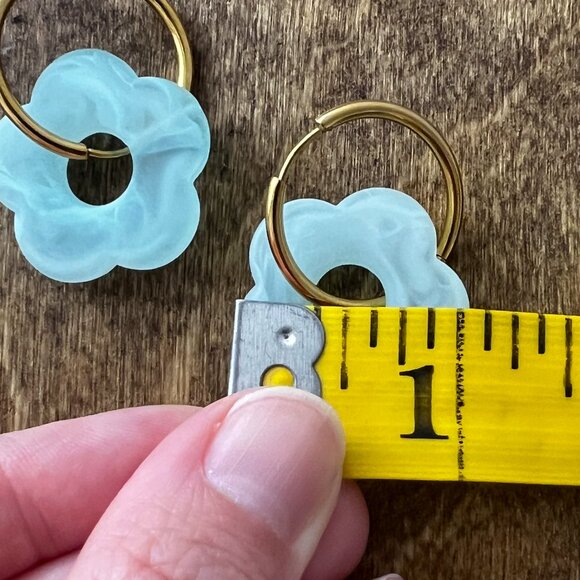 Gold Plated Blue Resin Flower Earrings - Picture 3 of 4
